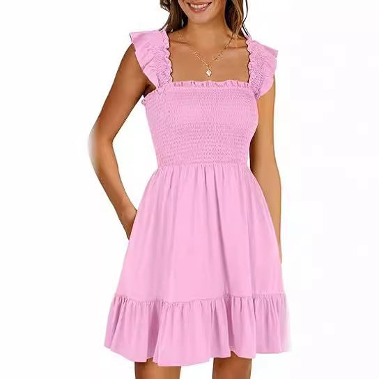 Women's Sleeveless Square Collar Pleated Backless Mini Dresses