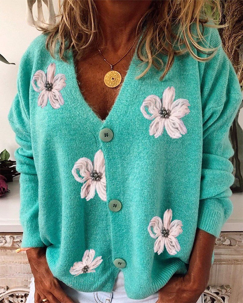 New Women's Long-sleeved Embroidered V-neck Knitted Cardigans