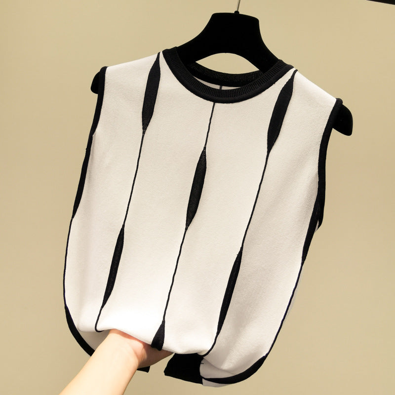 Women's Contrast Color Striped Ice Silk Outer Wear Sleeveless For Knitwear