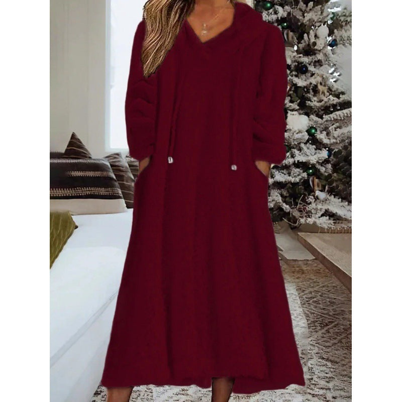 Loose Casual Fluff Hooded Long Sleeve Dresses