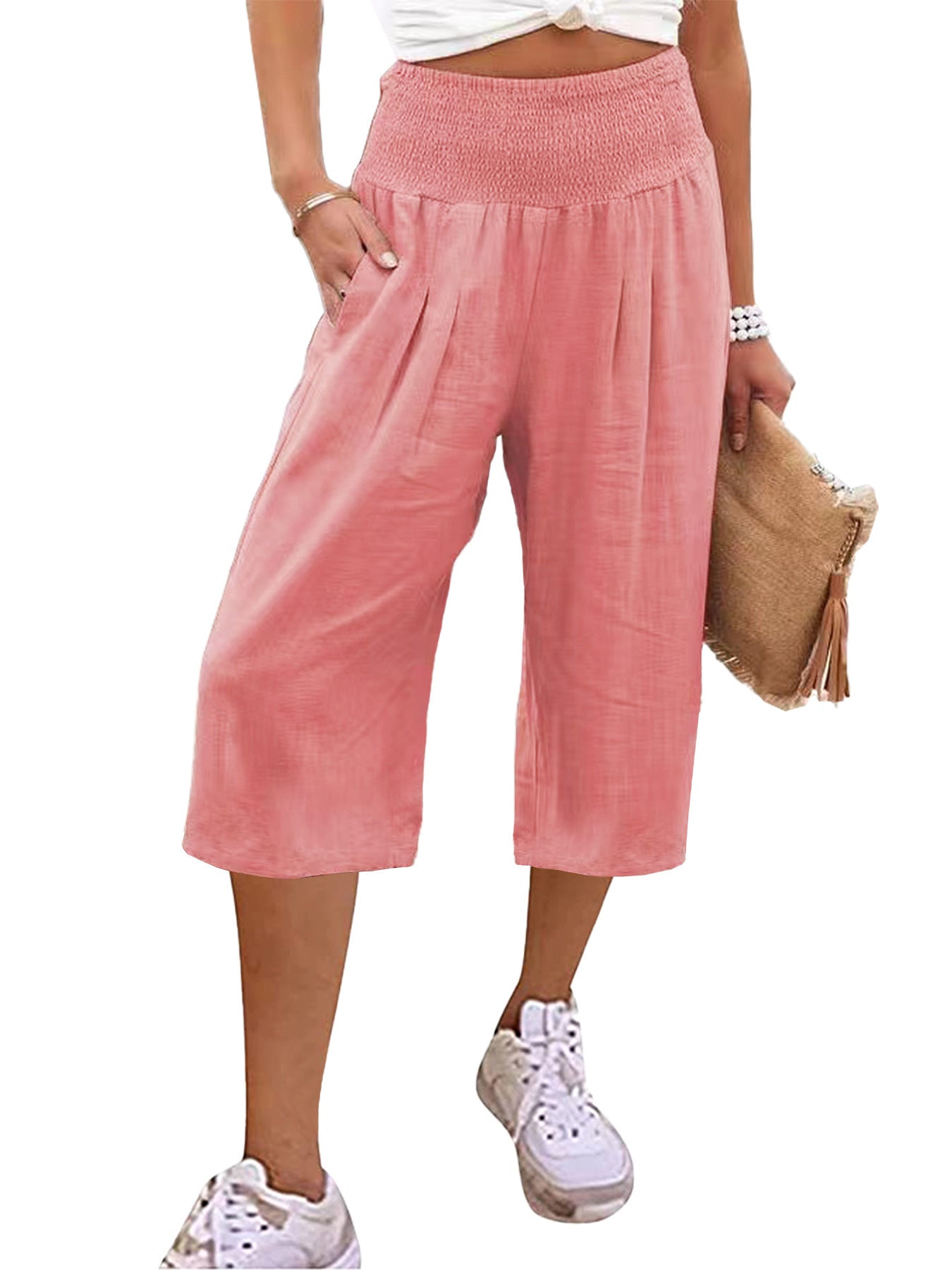 Women's Linen Cropped Waist Smocking Thin Pocket Pants