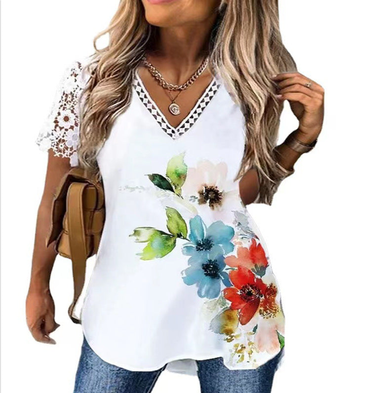 Women's Summer Sleeve Stitching Printing V-neck T-shirts Blouses