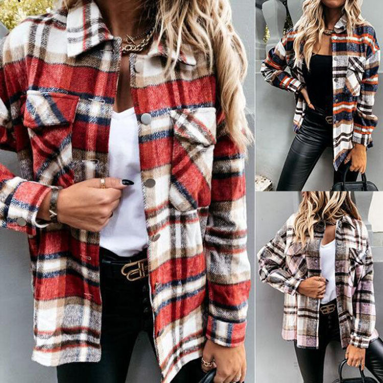 Women's Woolen Shirt Long Sleeve Plaid Blouses