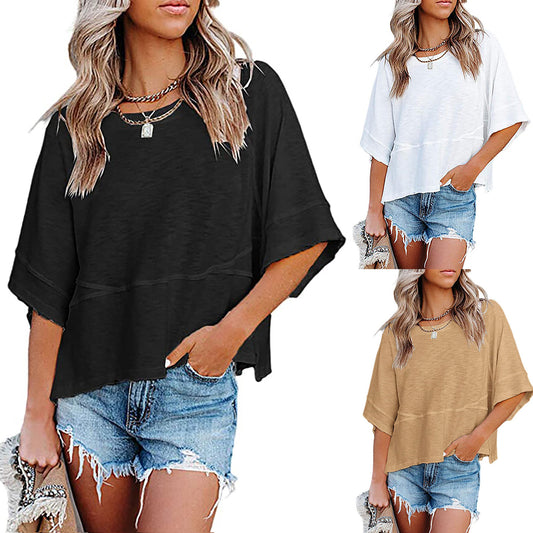 Stitching Solid Color Round Neck Bell Blouses