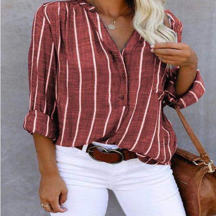 Women's Shirt Striped Half Casual Long Sleeve Blouses