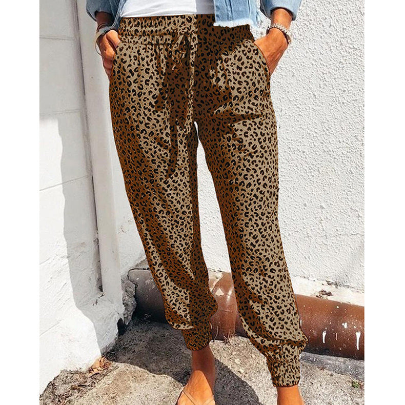 Women's Summer Trousers Loose Leopard Print Printed Drawstring Pants