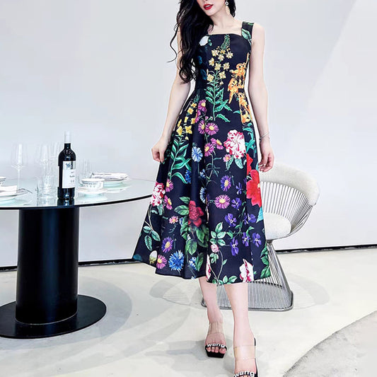 Women's Beads Design Backless Long Printed Slimming Dresses