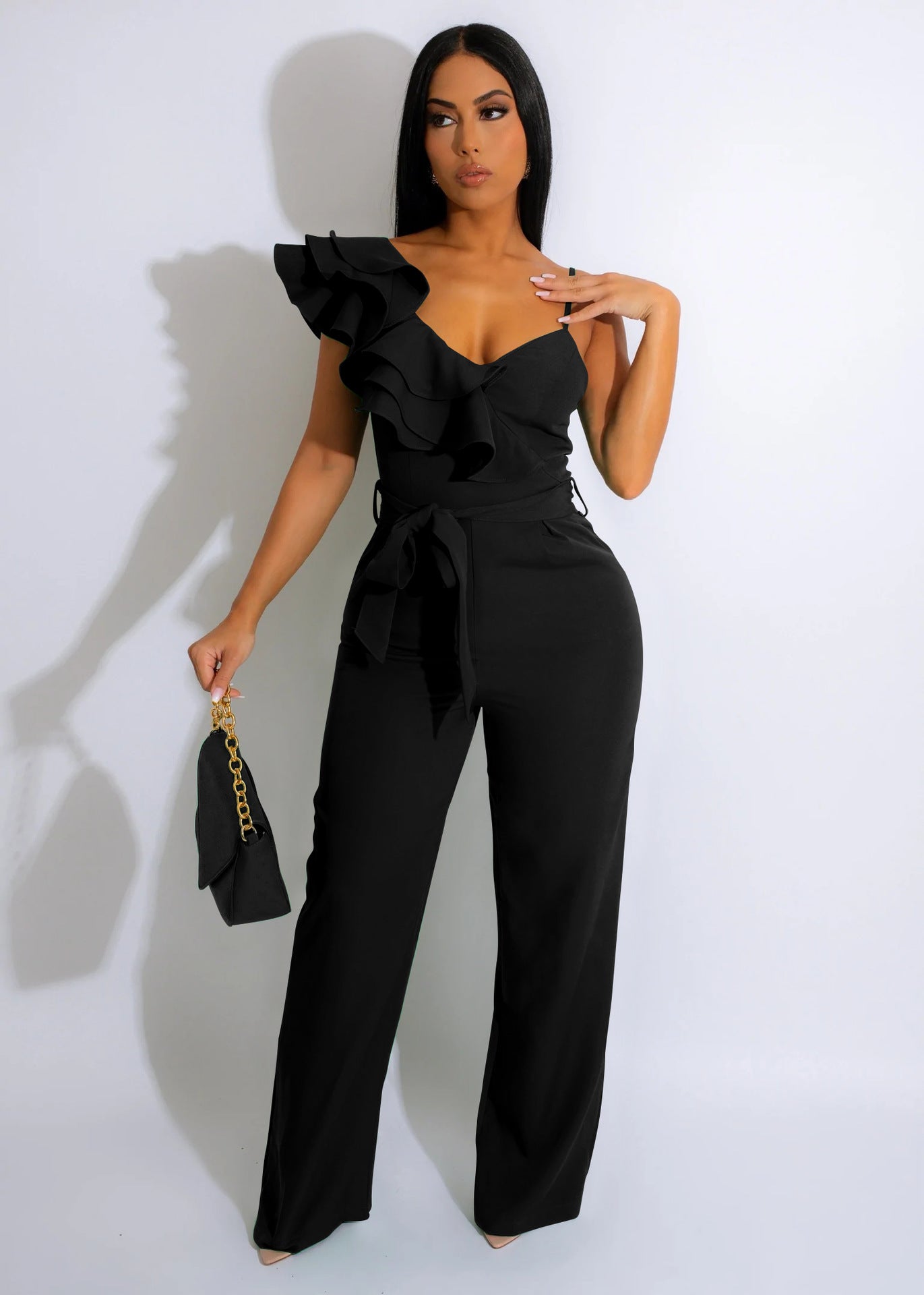 Damen Jumpsuits mit Rüschen, einer Schulter, ärmellos, Taille, tiefem V-Ausschnitt, locker und einfarbig