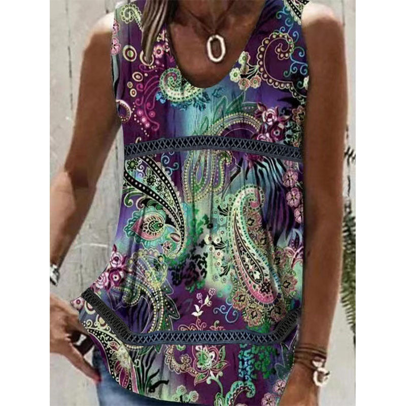 Women's Slouchy Summer Printed Patchwork Sleeveless Blouses