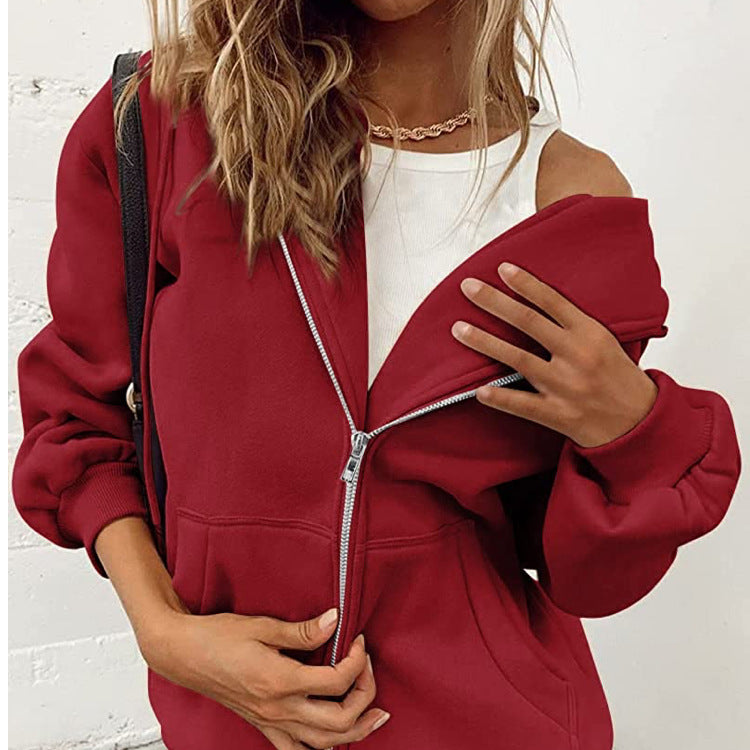 Women's Thickened Solid Color Zipper Pocket Sweatshirt Sweaters