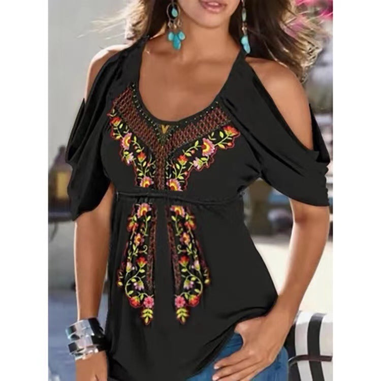 Women's Summer Loose V-neck Pleating Printed Off-shoulder Blouses