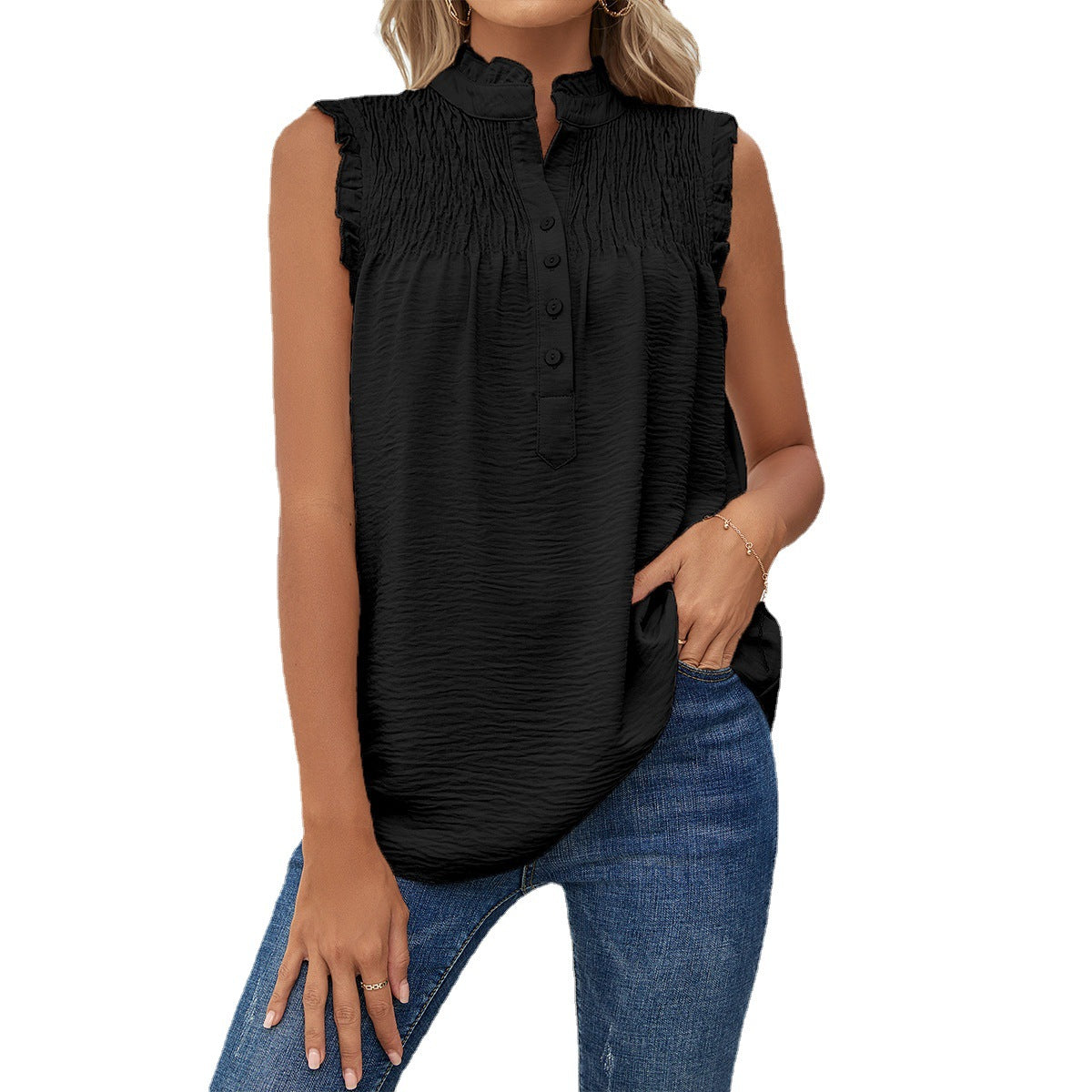 Sleeveless Turtleneck Buttons Frill Loose Casual Tops