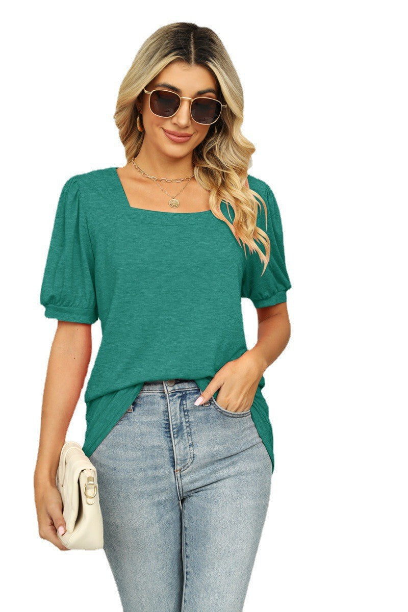 Women's T-shirt Solid Color Square Collar Pleated Blouses