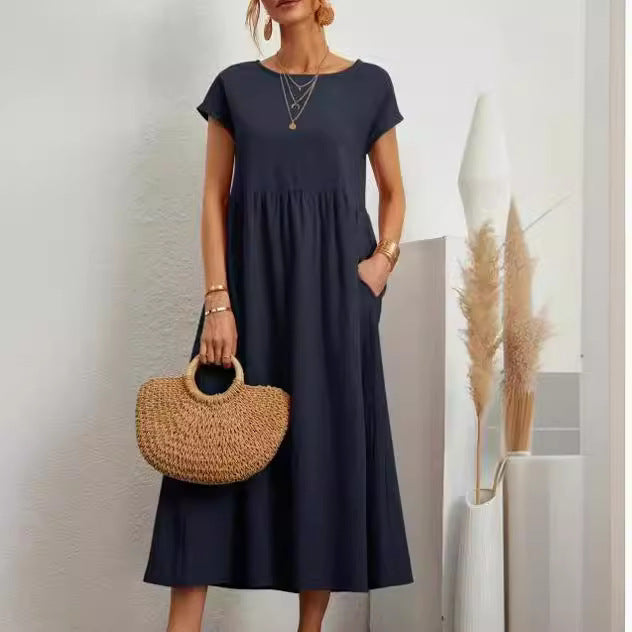 Loose Cotton Linen Pocket Round Neck Dresses