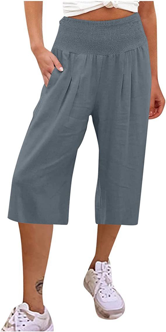 Women's Linen Cropped Waist Smocking Thin Pocket Pants