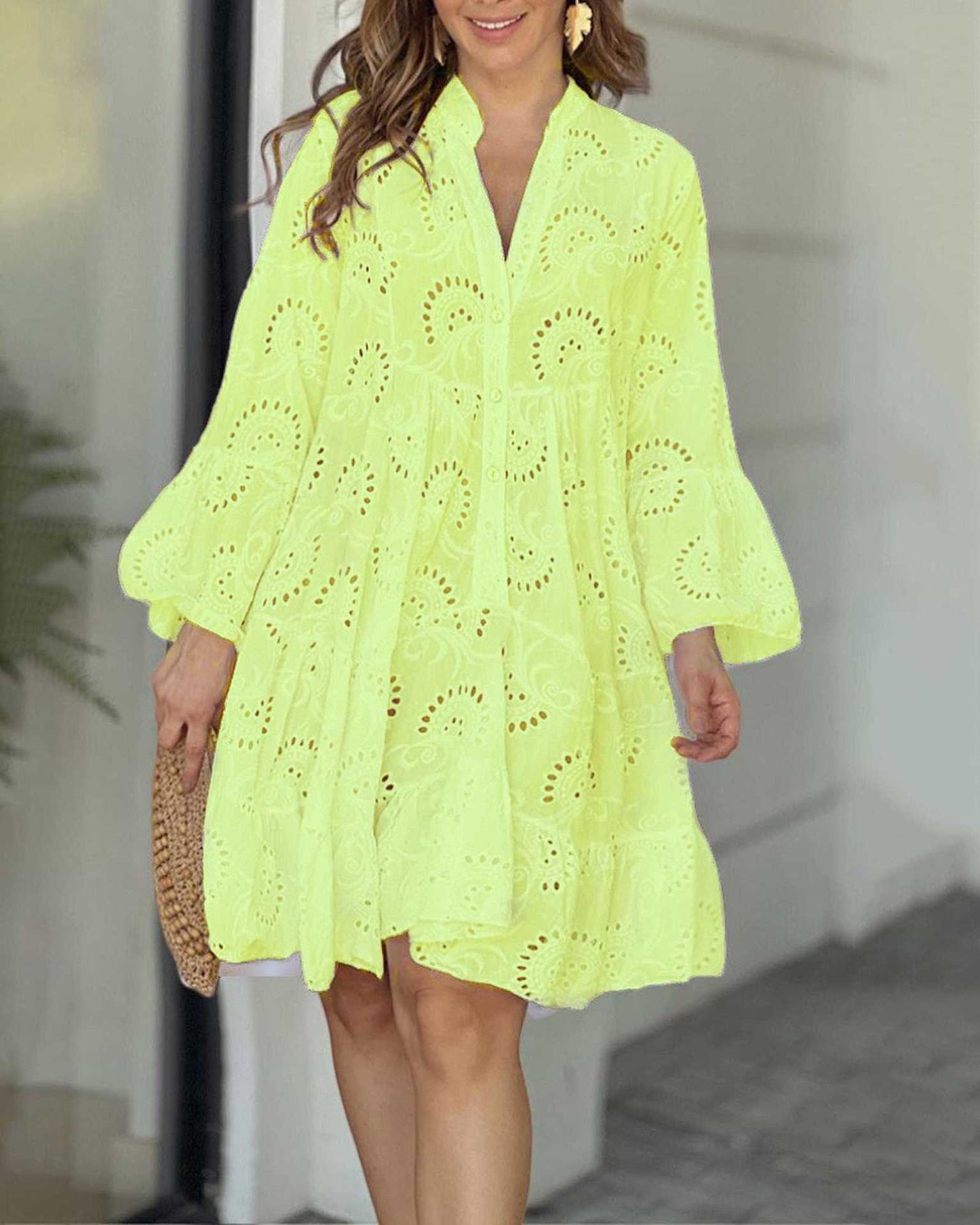 Solid Color Loose Embroidered Hollow Lace Dresses