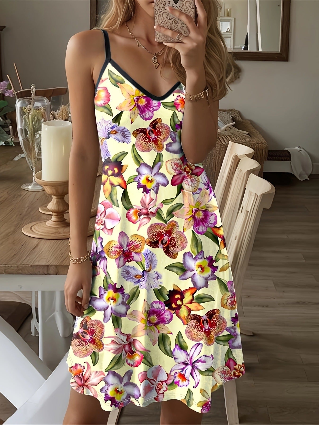 Fashion Flower Print Loose Sling Round Dresses