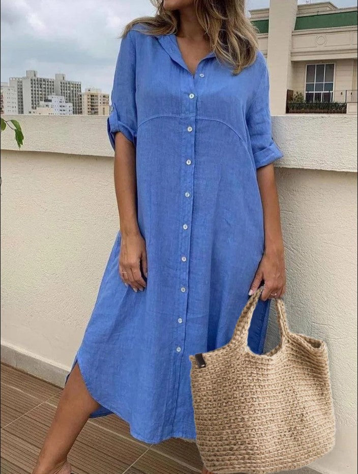 Solid Color Cotton Linen Shirt Dress Blouses