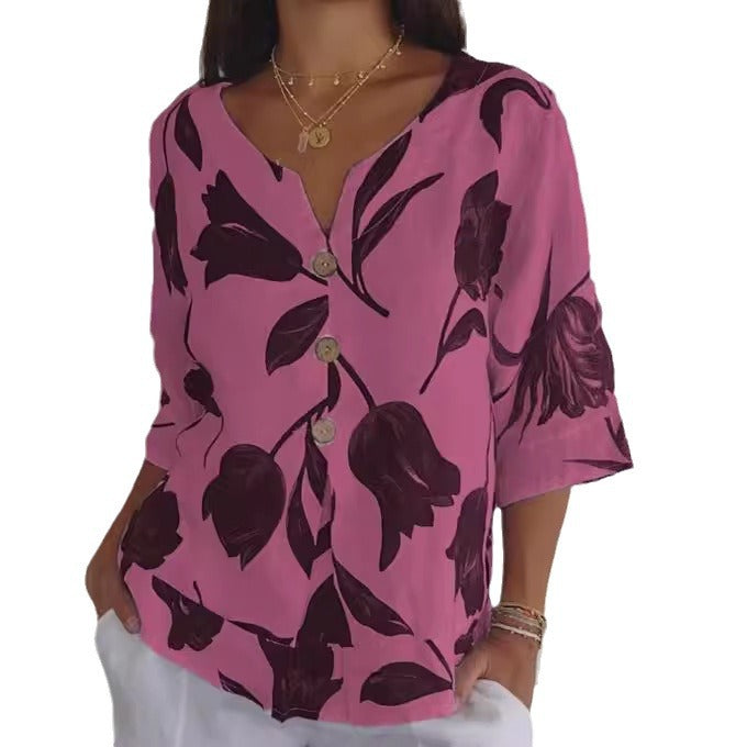 Printed Cotton Linen Short-sleeved Pullover Shirt Blouses