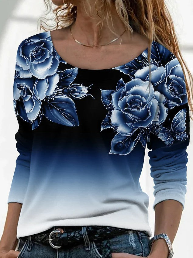 Women's Long Sleeve Loose Neck Casual Pullover Print Blouses