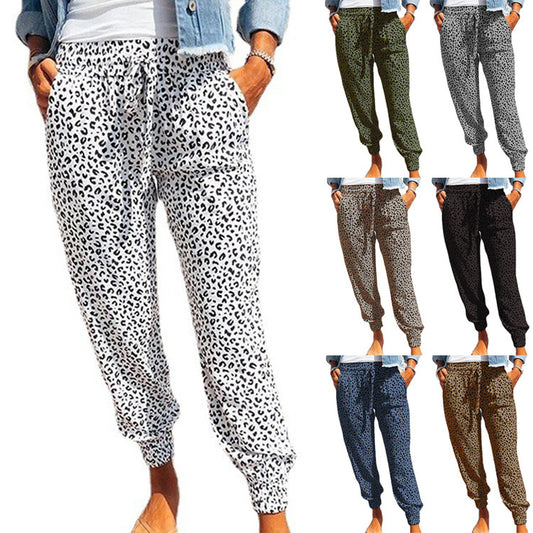 Women's Summer Trousers Loose Leopard Print Printed Drawstring Pants