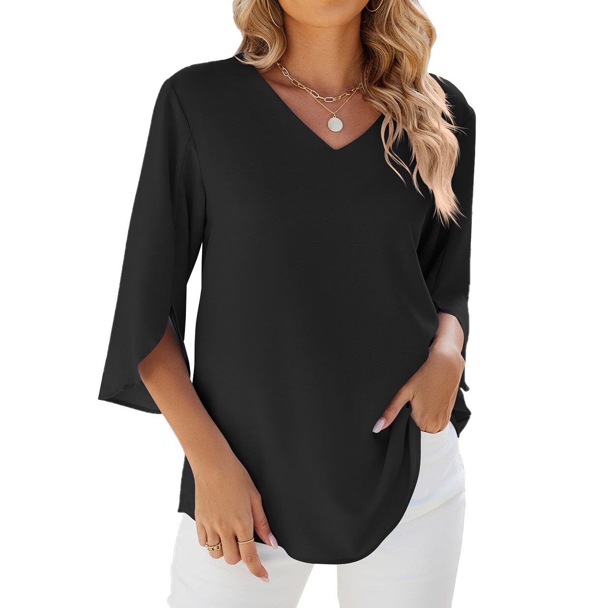 Women's Summer Solid Color Chiffon Half Sleeve Blouses