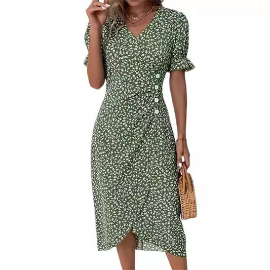 Women's Summer Printed Button Irregular Hem For Dresses