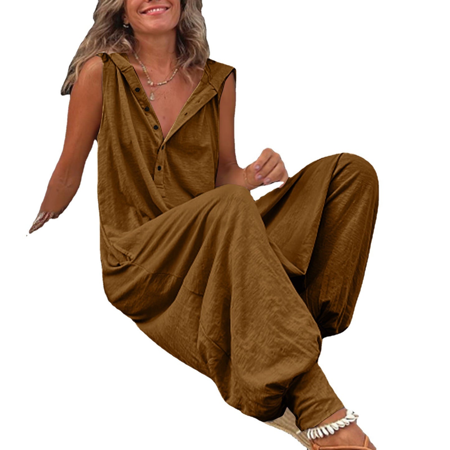 Damen Jumpsuit mit Knopfleiste, Kapuze, ärmellos, Baggy-Overall