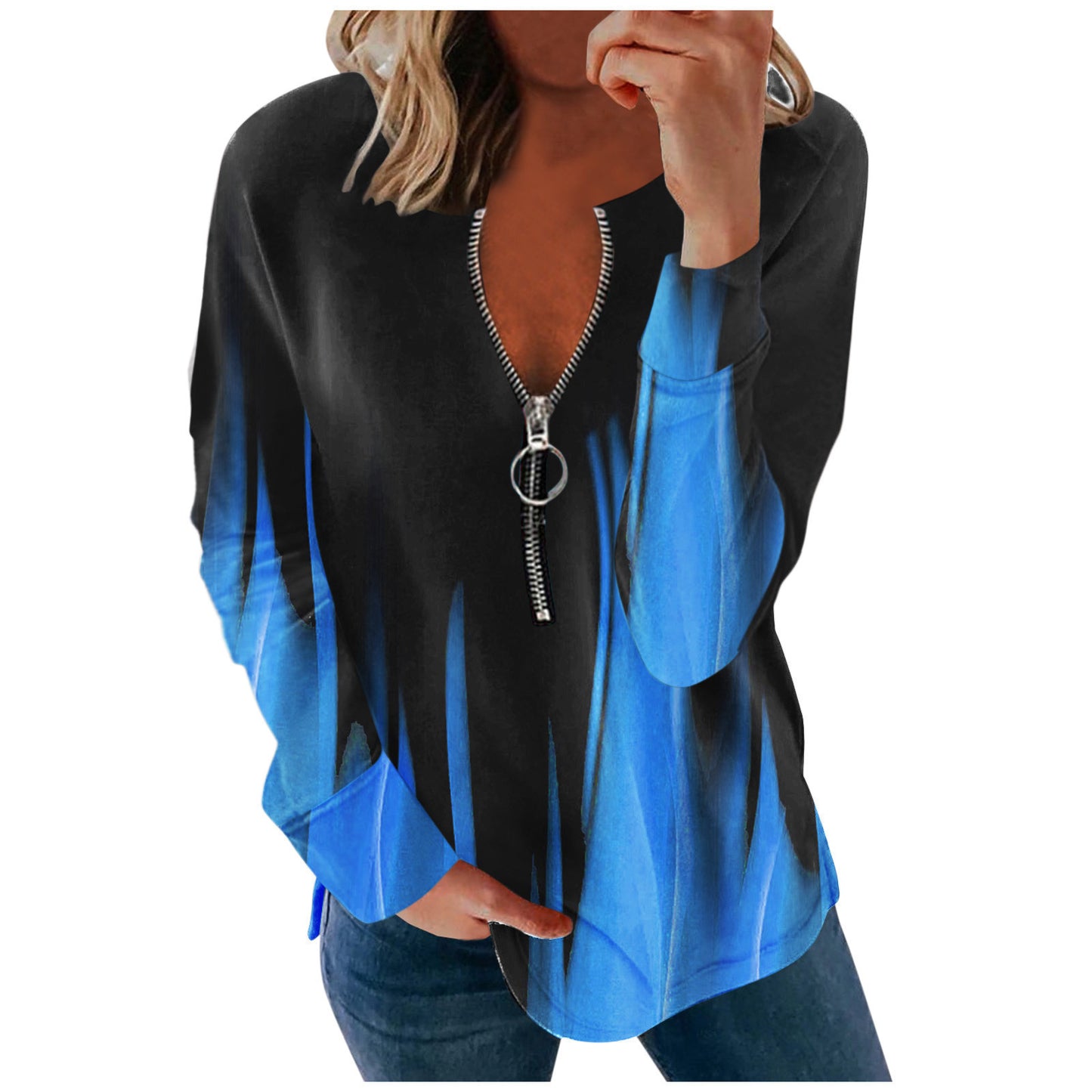 Women's V-neck Zipper Personalized Printed Long-sleeved Blouses