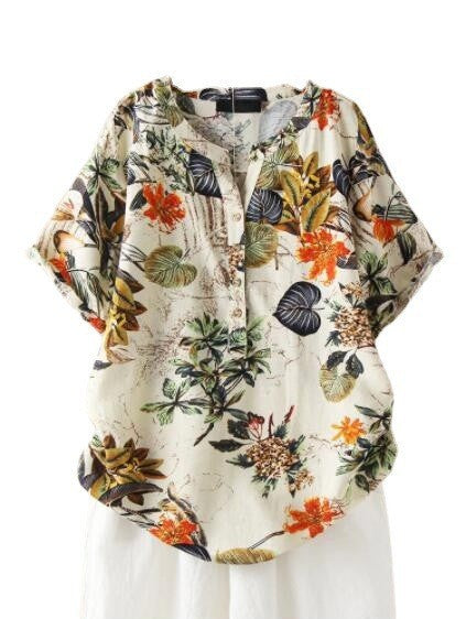 Women's Leaf Printed Sleeve Summer Retro Cotton Linen Blouses