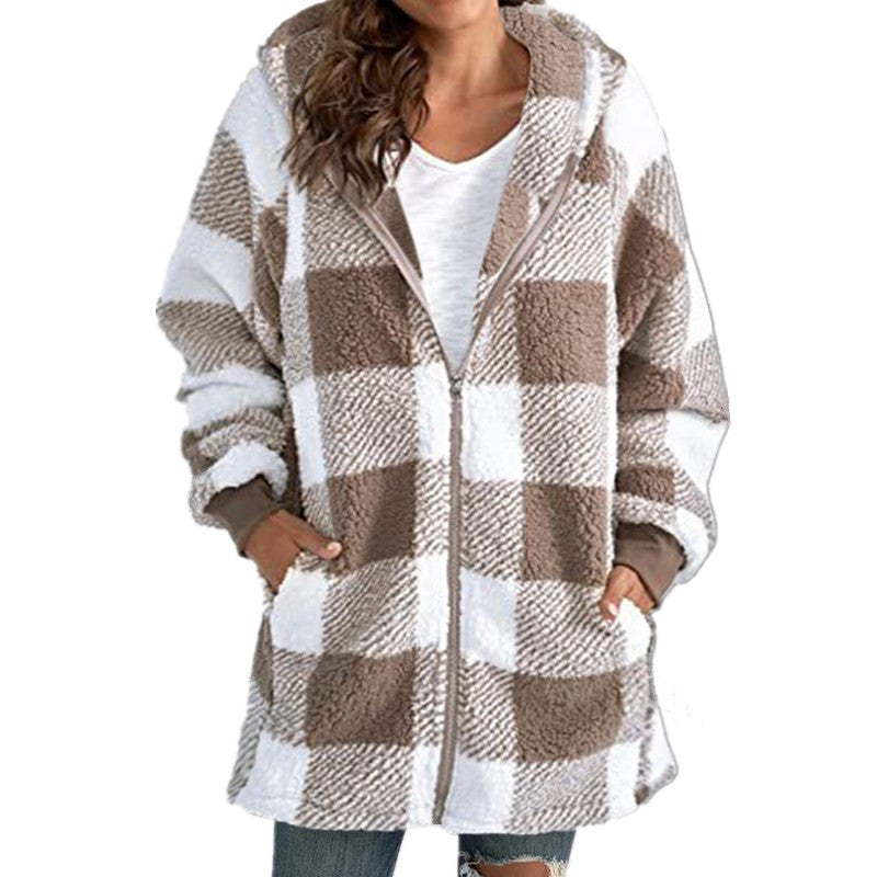 Women's Plush Long-sleeved Plaid Hooded Zipper With Sweaters