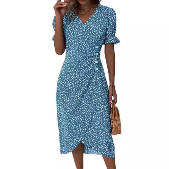 Women's Summer Printed Button Irregular Hem For Dresses