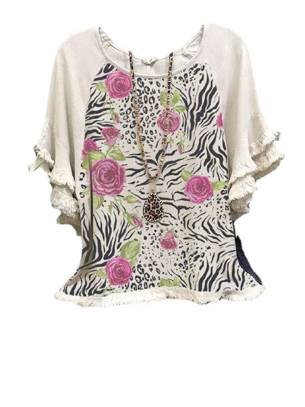 Women's Print Ruffled Sleeves Stitching Loose Sleeve Blouses