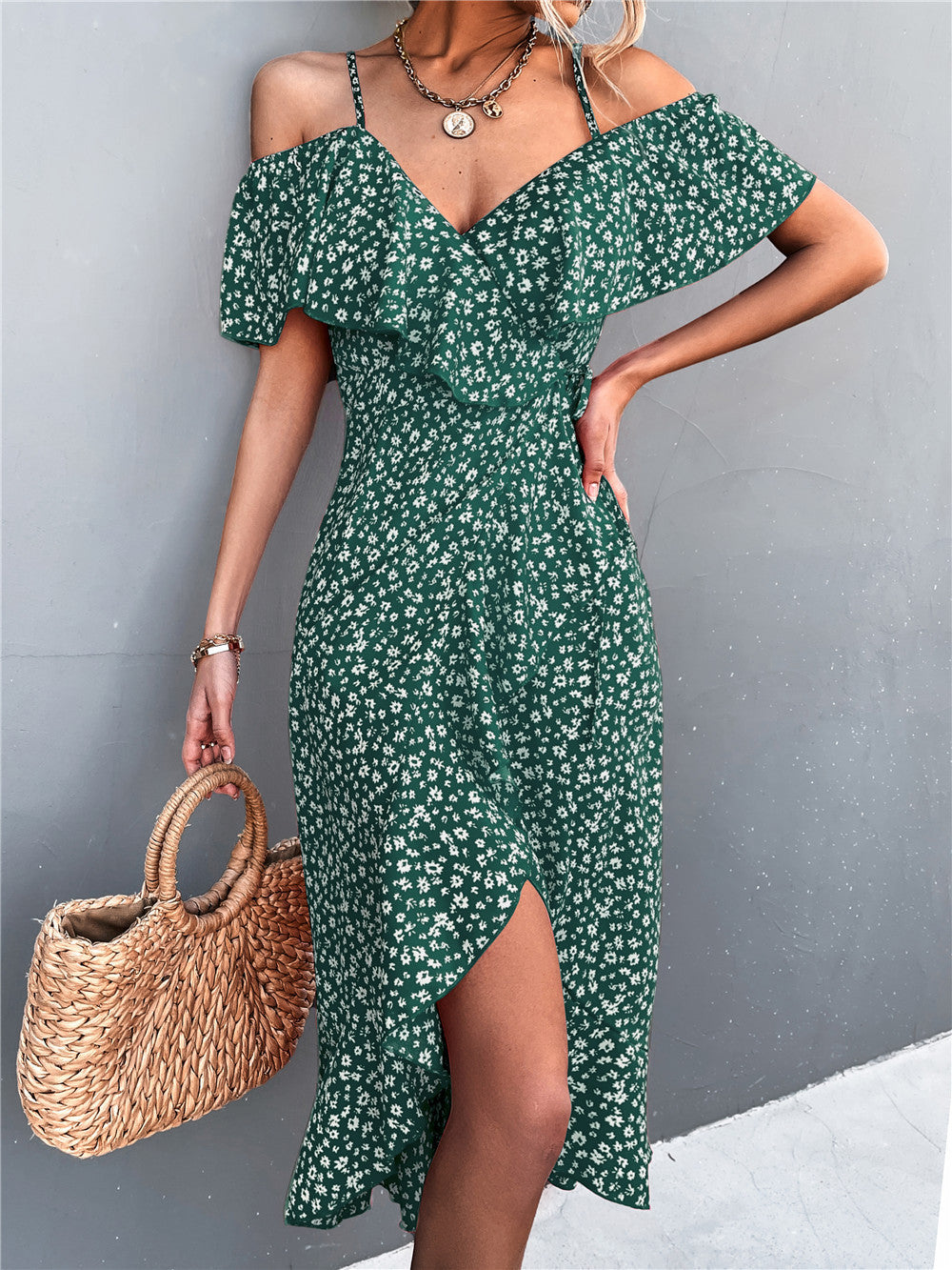 Women's Slim Floral Strap Dress Irregular Long Dresses