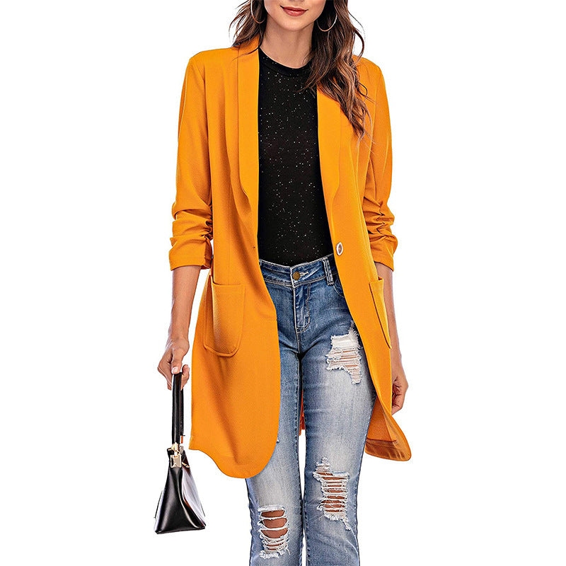 Women's Three-quarter Sleeve Mid-length Pocket Solid Color Blazers