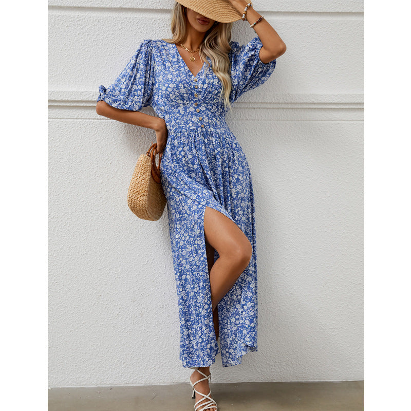 Women's Summer Lantern Sleeve Split Bohemian Beach Dresses