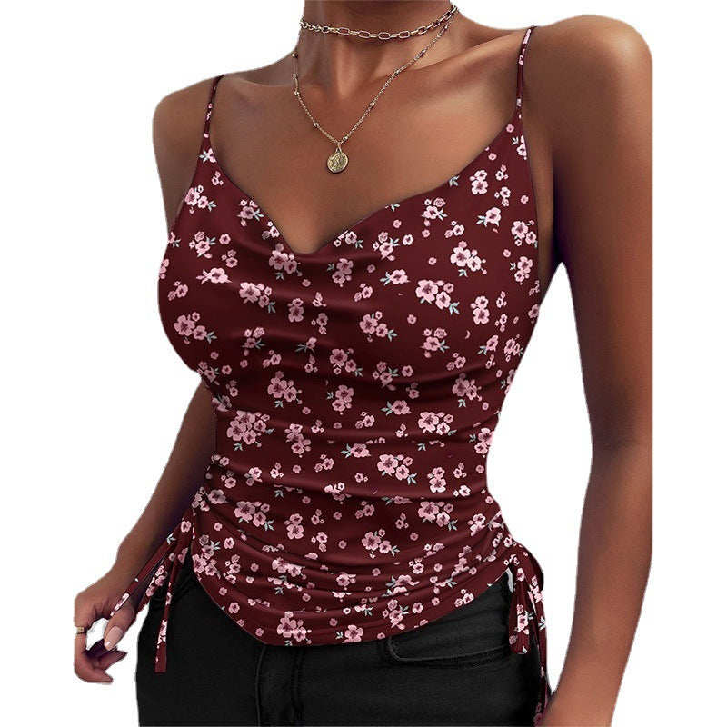 Printed Camisole Solid Color Deep V-neck Strap Tight Drawstring Leisure Tops