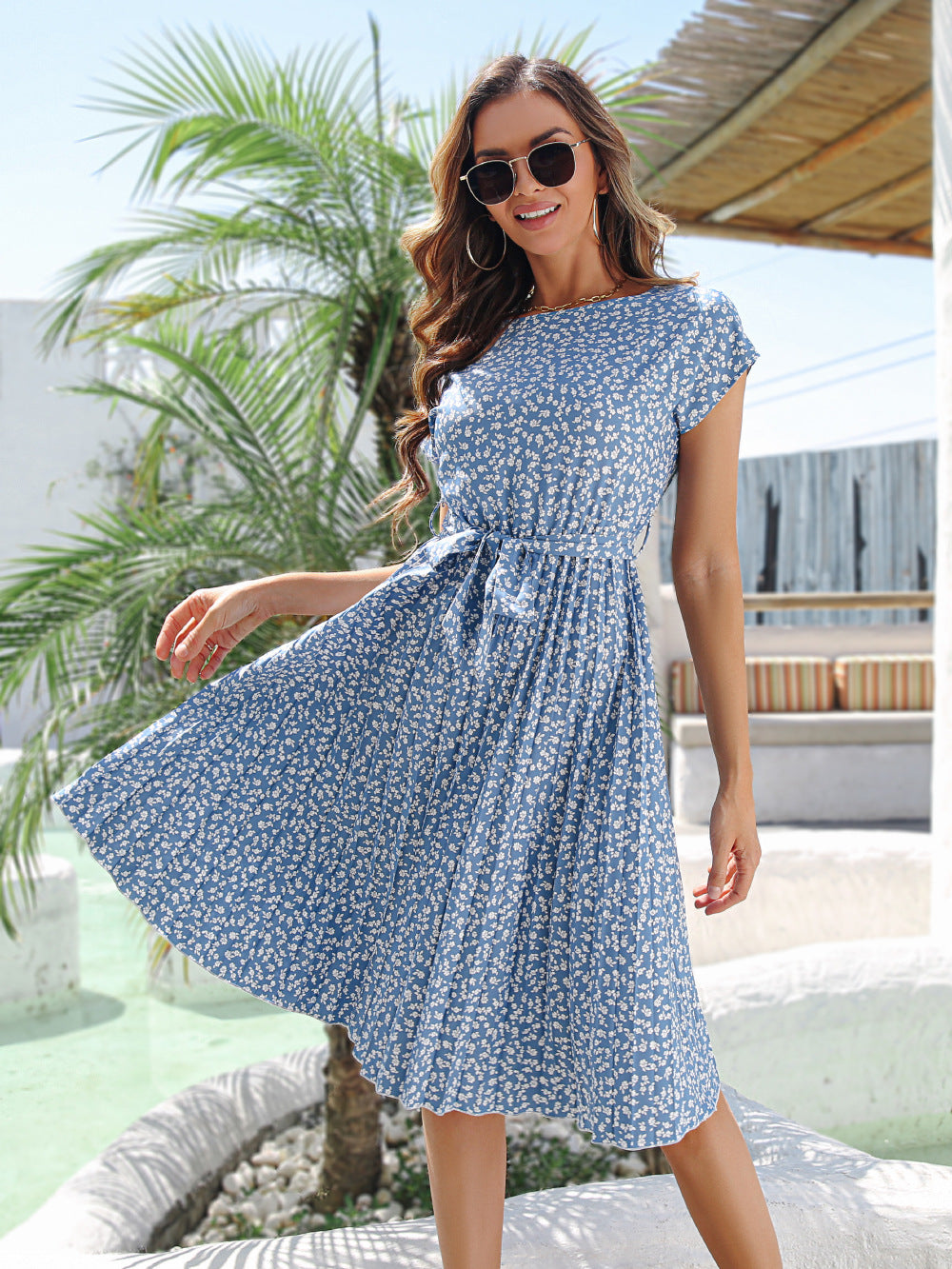 Women's Casual Short-sleeved Floral Dress Pleated Dresses