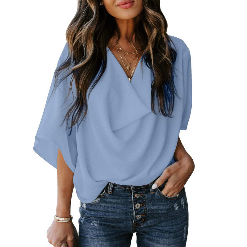 Damen Chiffon Locker V-Ausschnitt Lässige T-Shirt Bluse