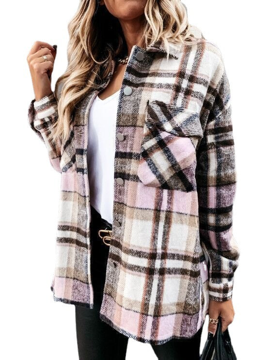 Women's Woolen Shirt Long Sleeve Plaid Blouses