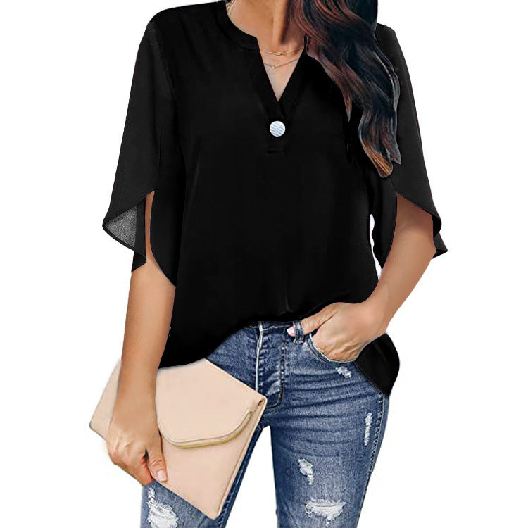 Women's Sleeve Elegant Casual Solid Color V-neck Blouses