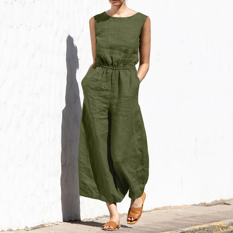 Einfarbiger, ärmelloser, schlankmachender Jumpsuit für den Sommer für Damen mit hoher Taille