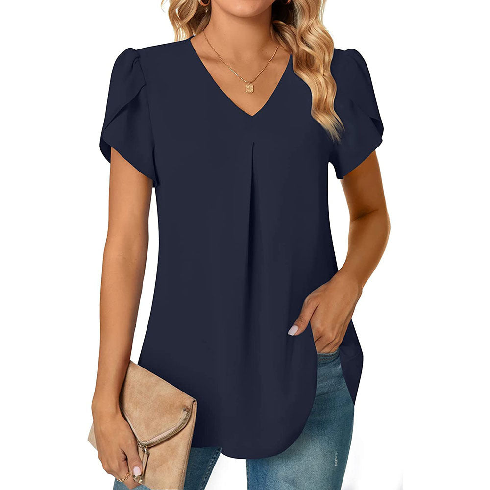 Women's Color Stitching Chiffon T-shirt Collar Sleeve Blouses