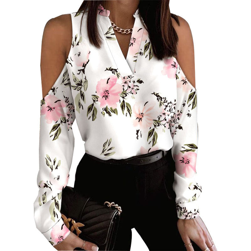 Graceful Long Sleeve Off-the-shoulder Printed Shirt Blouses