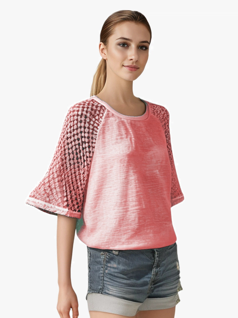 Damen T-Shirt Blusen mit Rundhalsausschnitt und Patchwork-Spitze