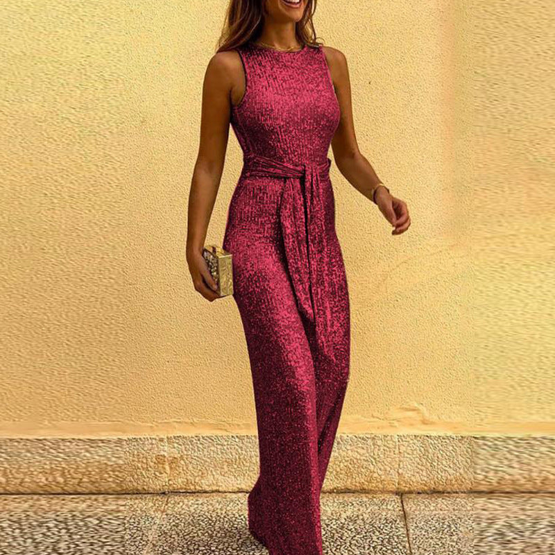 Women's Summer Round Neck Sleeveless Personalized Sequined Jumpsuits