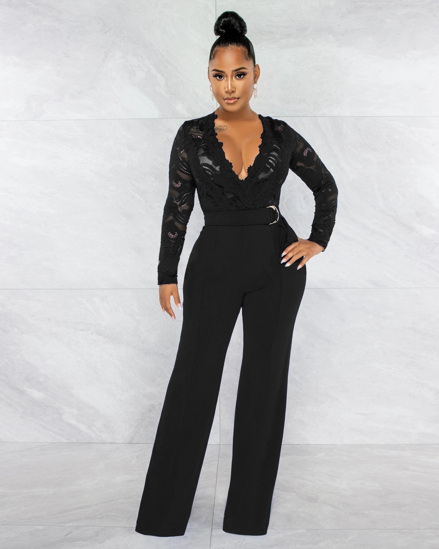 Fashion Sexy Casual Slim V-neck Lace Jumpsuits