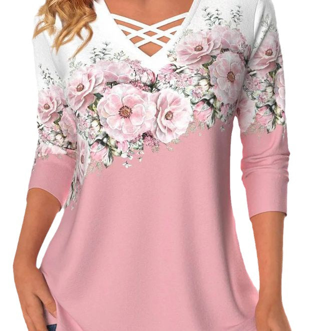 Women's Loose Crisscross Neckline Flower Print Long-sleeved Blouses