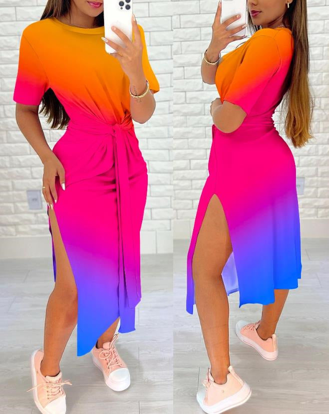 Women's Sleeve Split A- Line Strap Printing Dresses