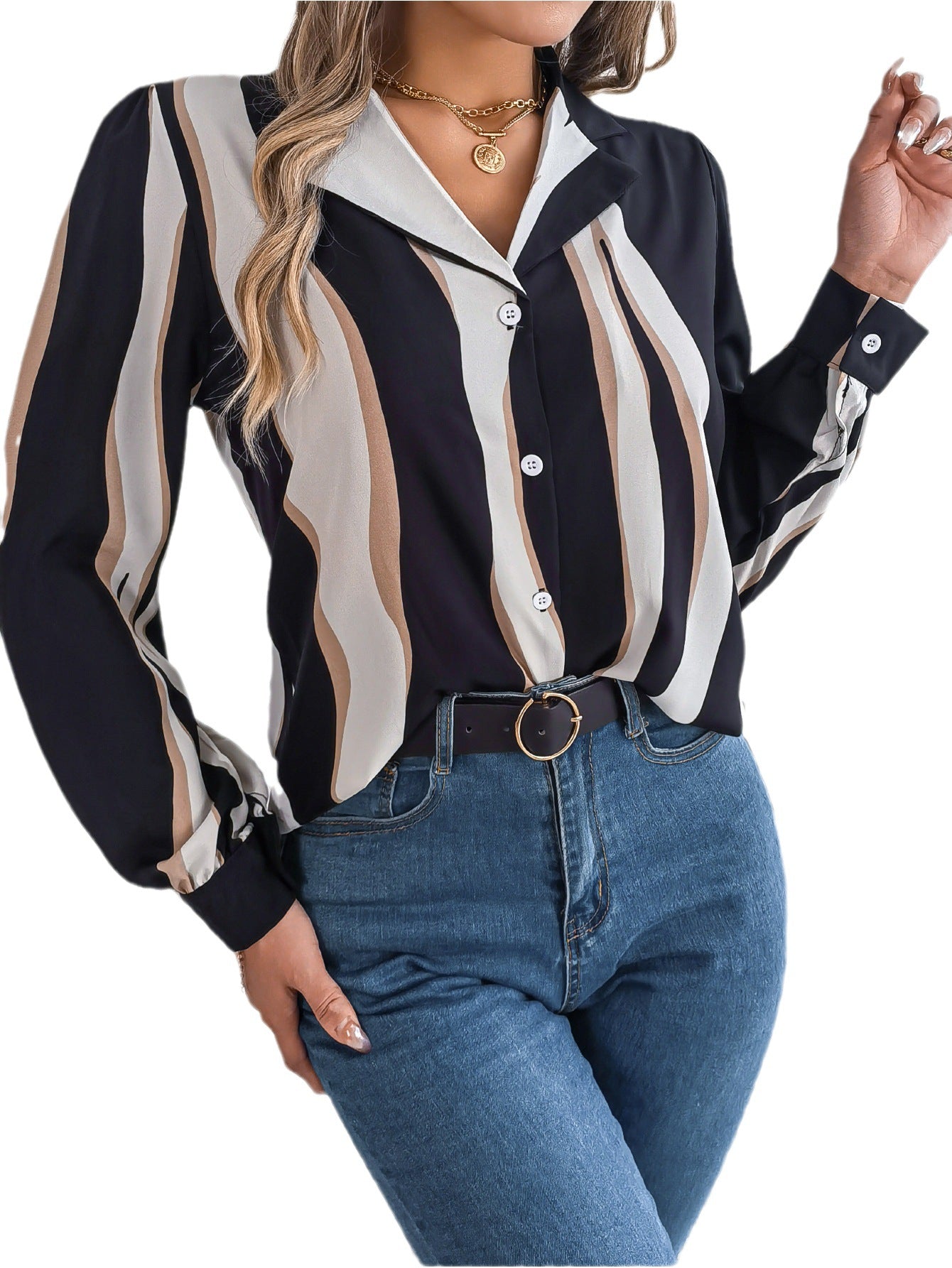 Women's Versatile Contrast Color Striped Collar Long Blouses